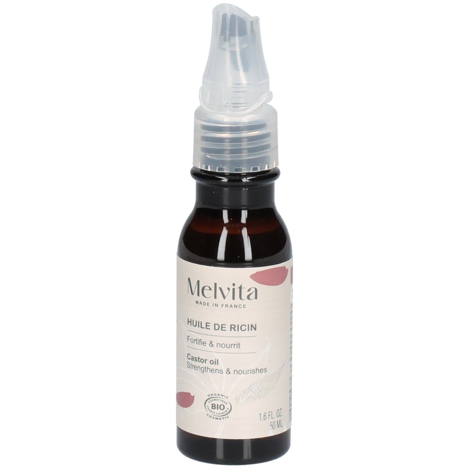 Flacon d'huile de ricin Melvita avec applicateur. Verre ambré, étiquette avec informations produit et label Bio.