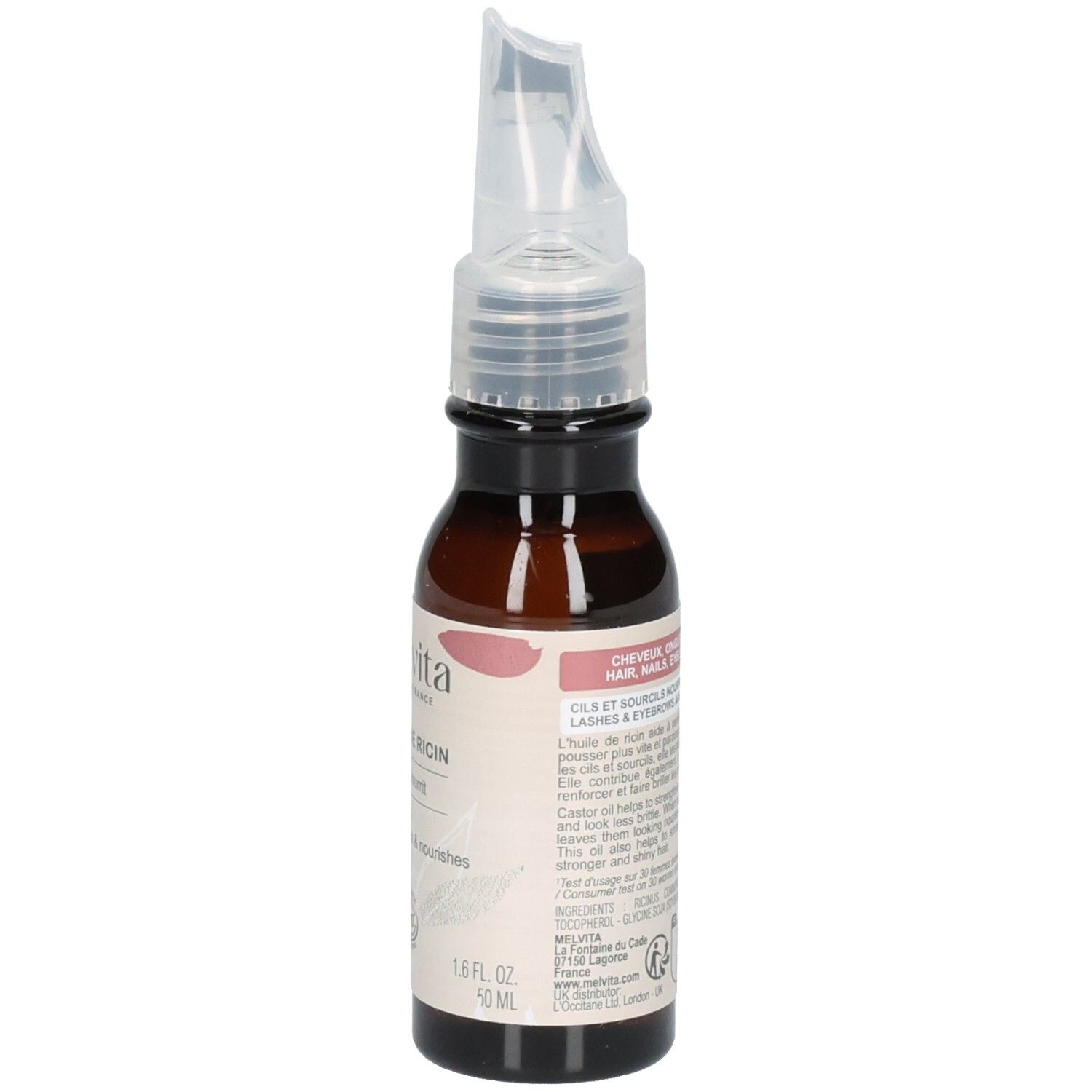 Flacon d'huile de ricin Melvita, verso. Étiquette avec instructions pour cheveux, ongles, cils et sourcils.