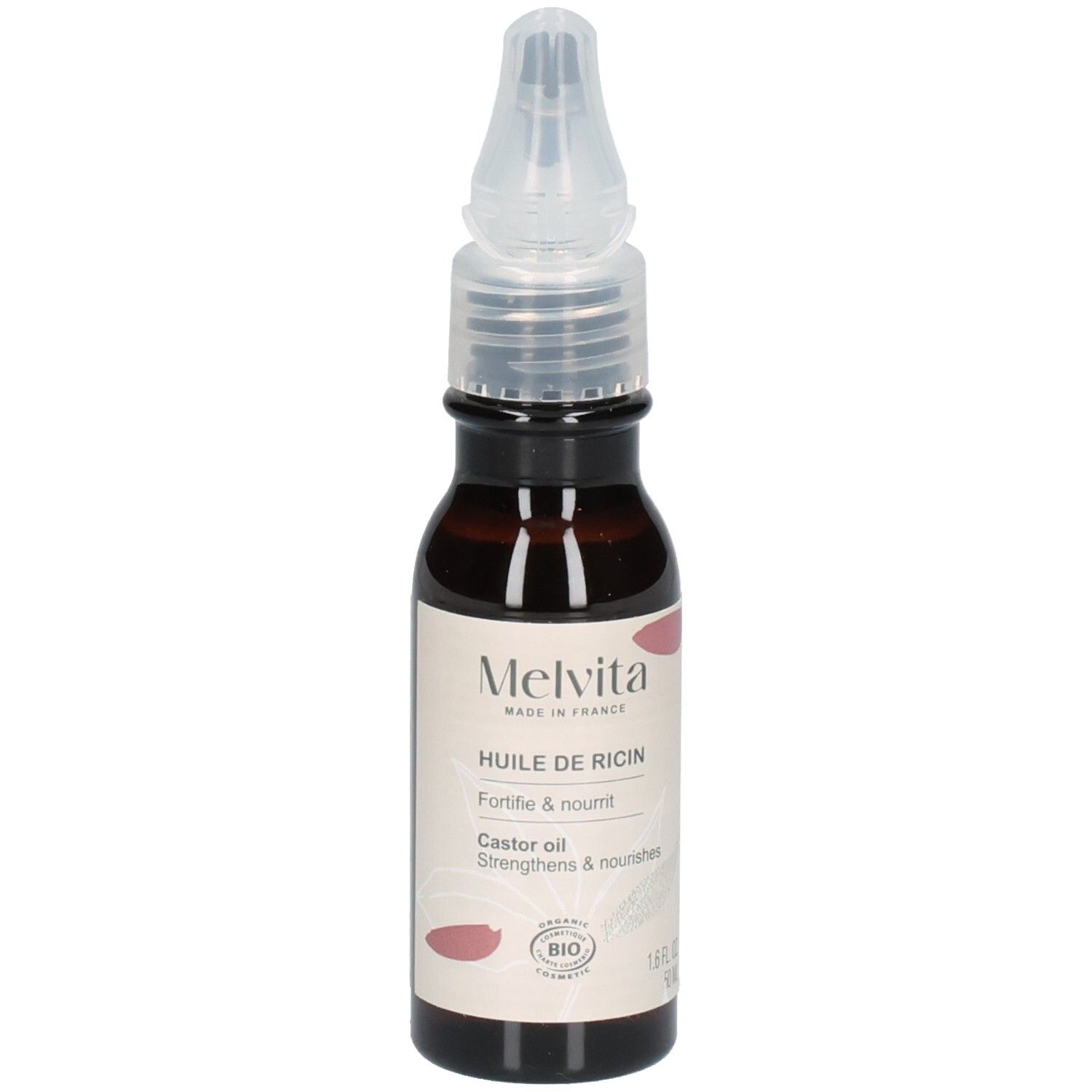 Flacon d'huile de ricin Melvita avec applicateur. Verre ambré, étiquette avec informations produit et label Bio.