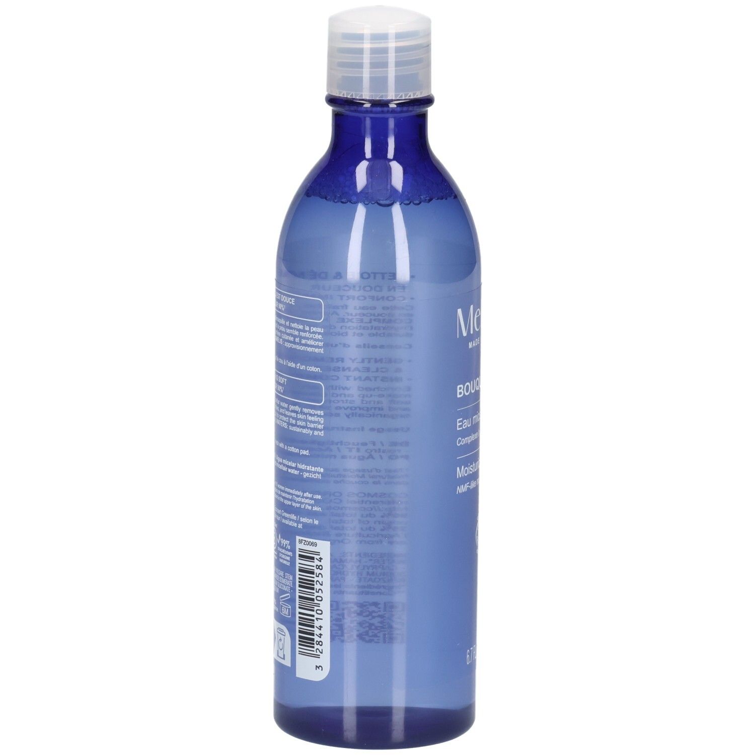 Rückseite der Melvita Eau Micellaire Douce Détox Flasche mit Inhaltsstoffen und Anwendungshinweisen.