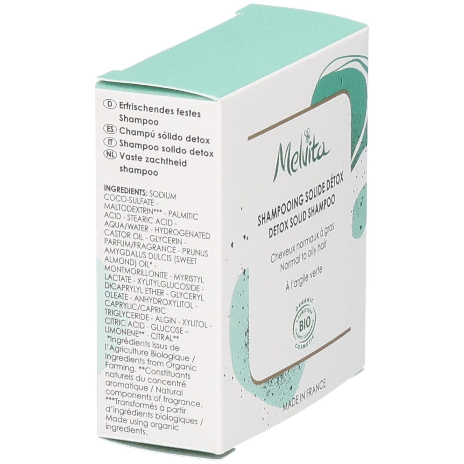 Melvita Detox feste Shampoo-Box mit Inhaltsstoffliste und Bio-Siegel.