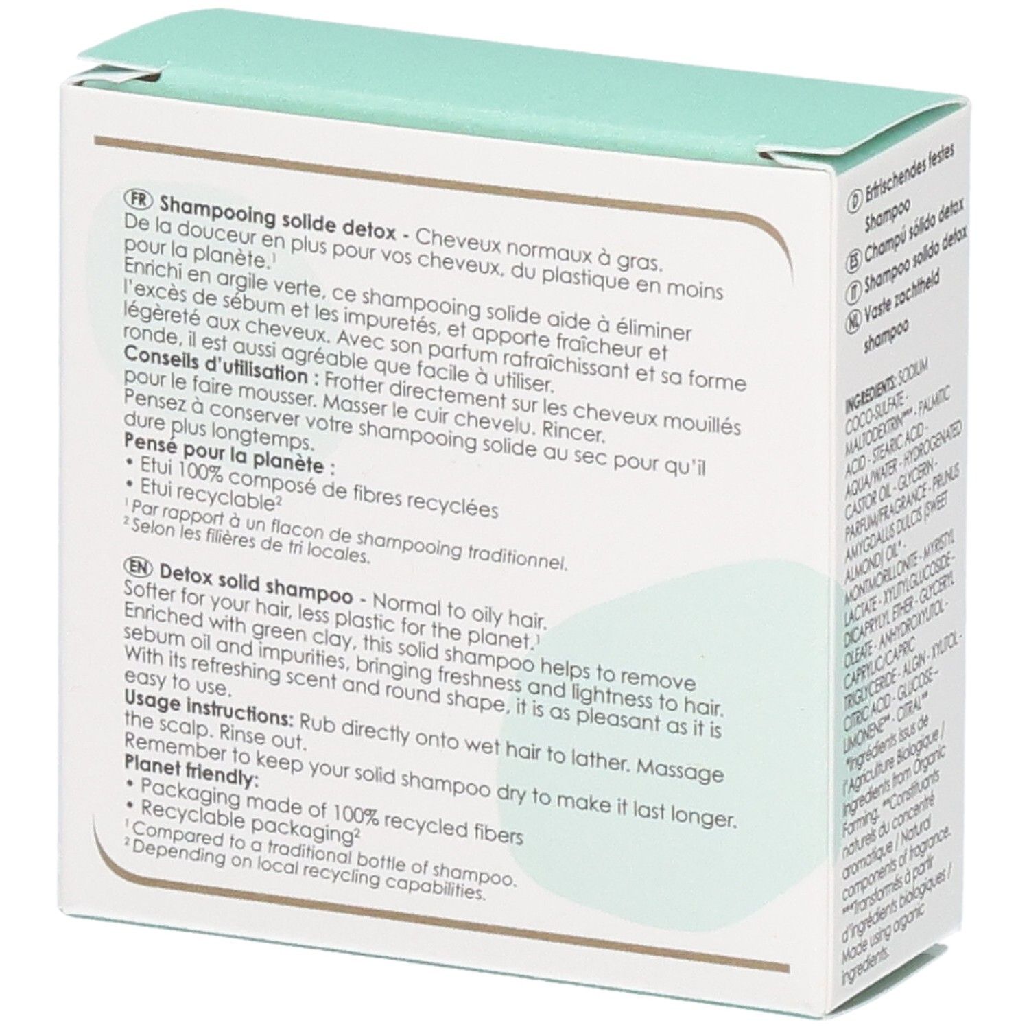 Verpackung für festes Detox-Shampoo, normal bis fettiges Haar. Umweltfreundlich, recycelbar.