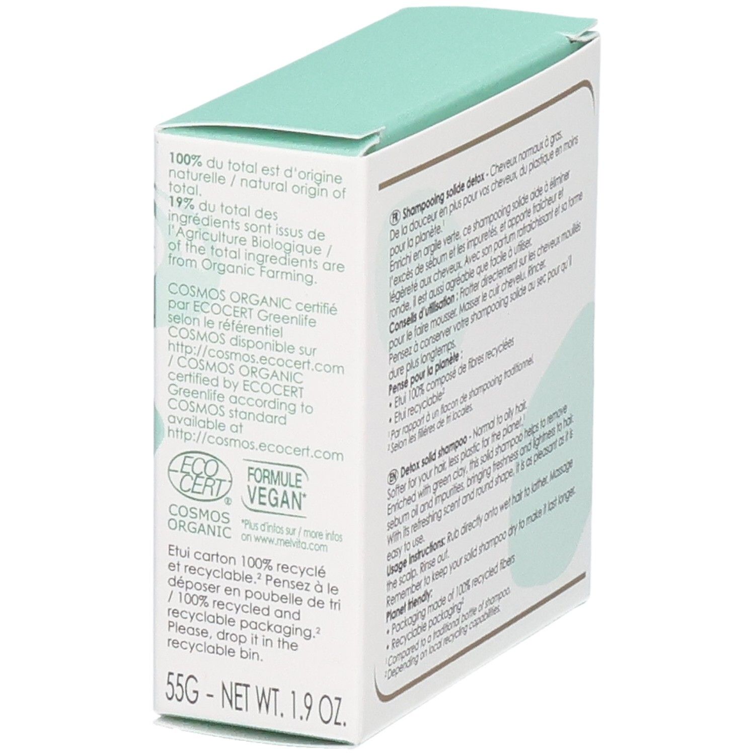 Verpackung für festes Shampoo, 55g. Enthält COSMOS ORGANIC und VEGAN Siegel.