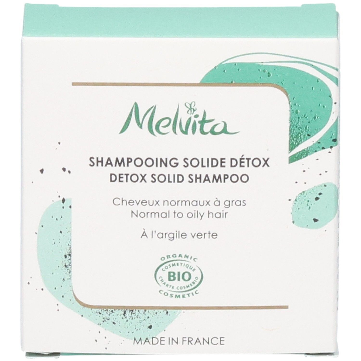Melvita Detox Festes Shampoo Verpackung mit BIO-Siegel und 'Made in France' Aufschrift.