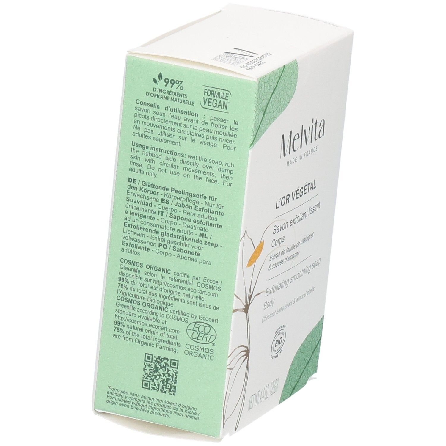 Melvita L'Or Végétal Körperseife, 125g. Rückseite der Verpackung mit Anwendungshinweisen und Bio-Siegeln.
