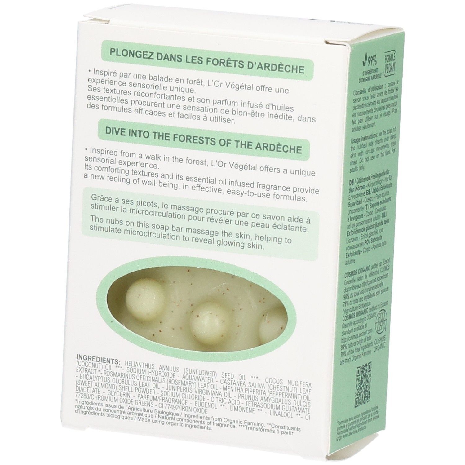 Melvita L'Or Végétal Körperseife, 125g. Seitenansicht mit sichtbarer Seife mit Noppen. Text über Ardeche-Wälder.