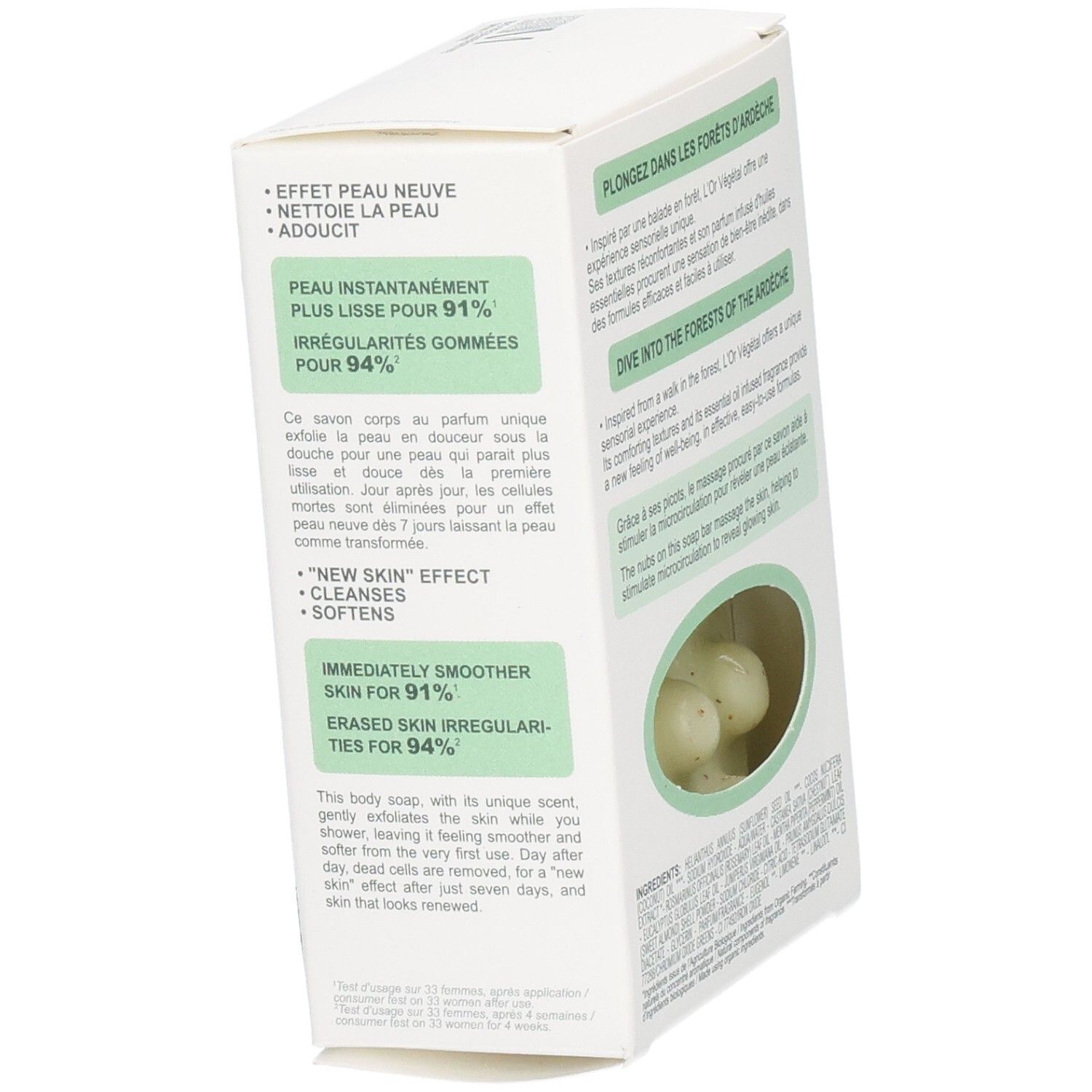 Melvita L'Or Végétal Körperseife, 125g. Seite der Verpackung mit Effekten wie 'Neue Haut' und 'Geglättete Haut'.