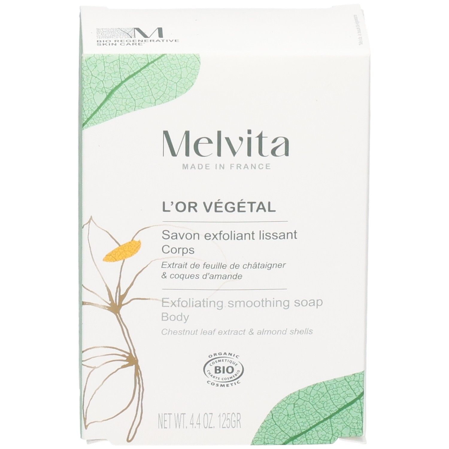 Melvita L'Or Végétal Körperseife, 125g. Vorderseite der Verpackung mit Logo, Produktnamen und Bio-Siegel.