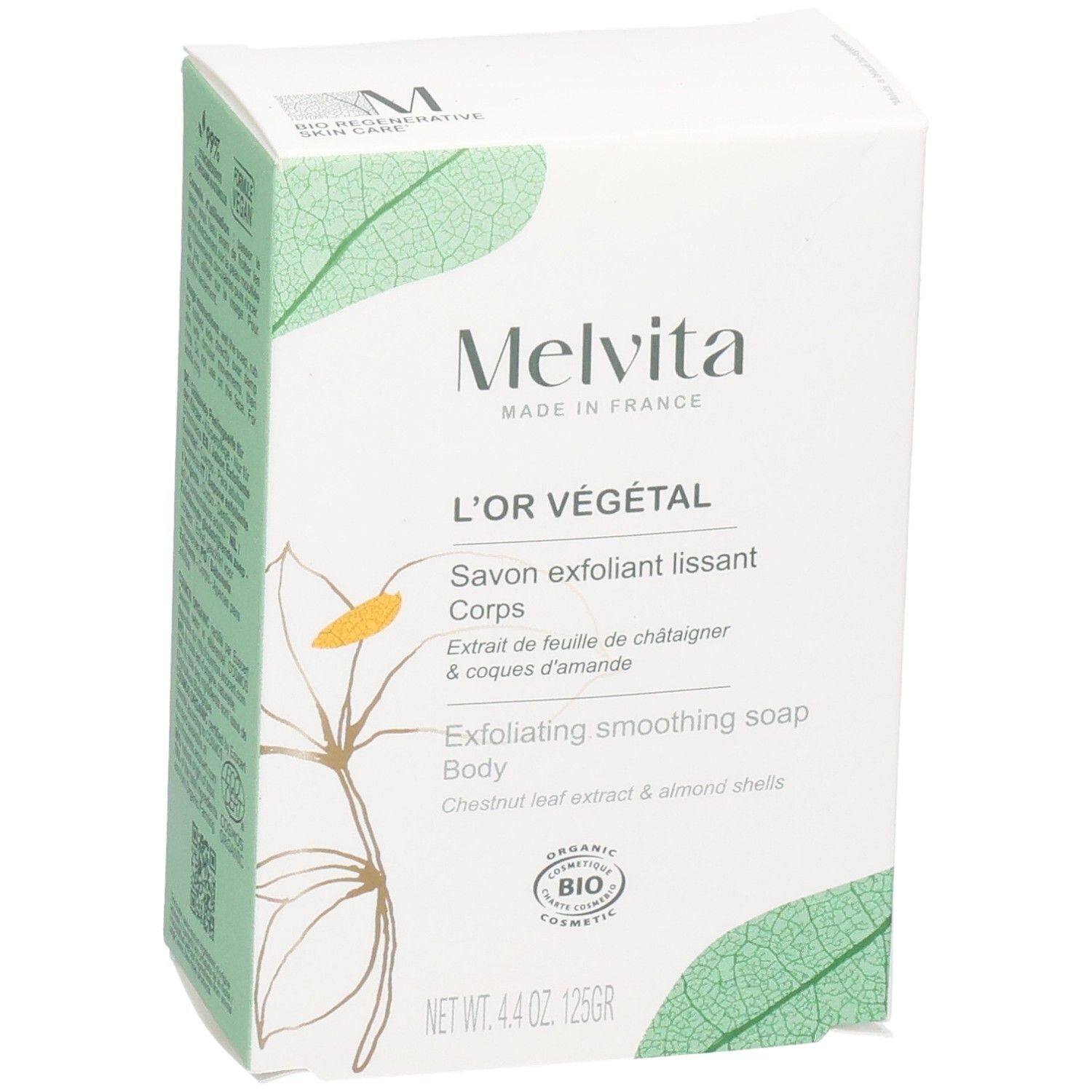 Melvita L'Or Végétal Körperseife, 125g. Verpackung mit Logo, Produktnamen und Bio-Siegel. Hergestellt in Frankreich.