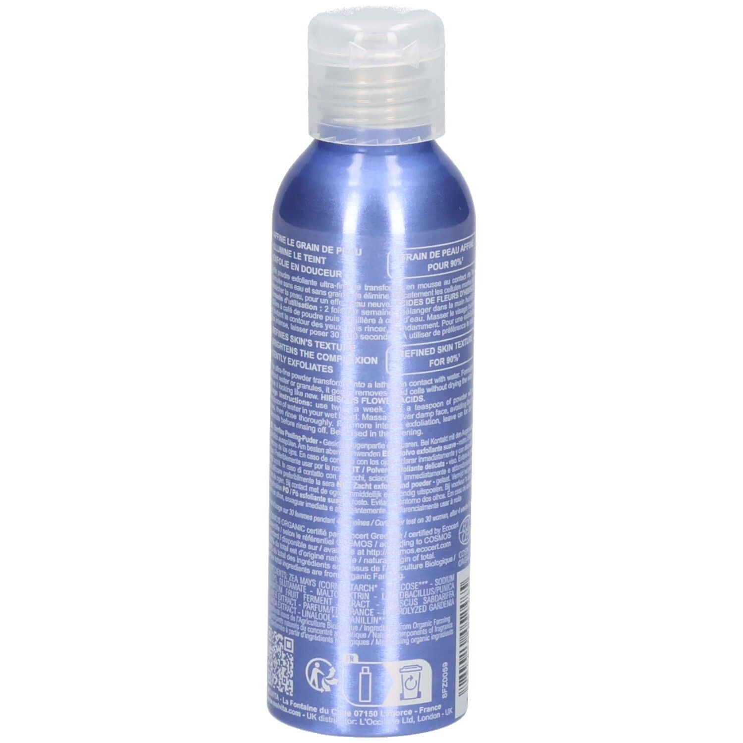 Rückseite der blauen Flasche mit Melvita sanftem Peeling-Puder, 30g.