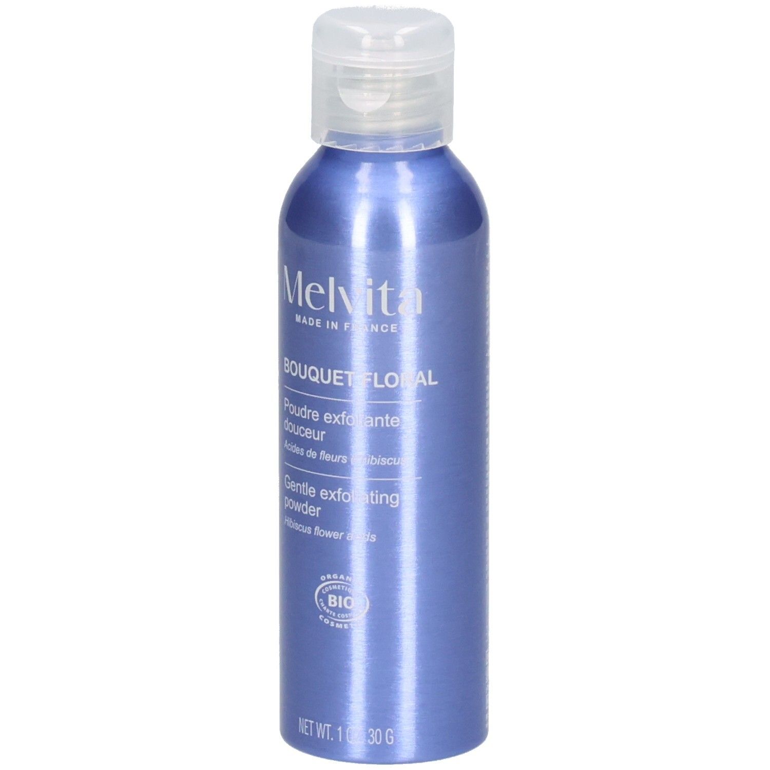 Blaue Flasche mit Melvita sanftem Peeling-Puder, 30g.