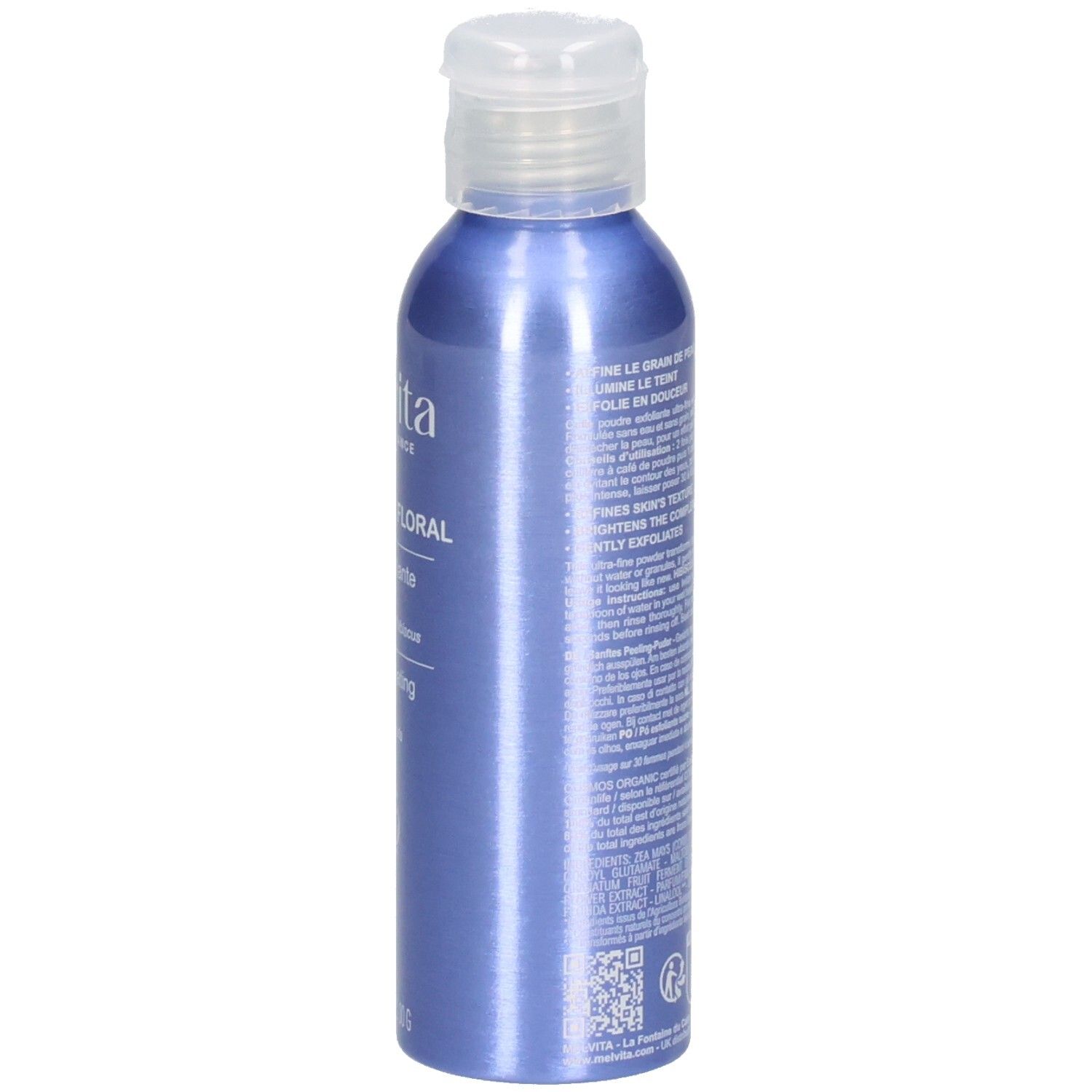 Rückseite der blauen Flasche mit Melvita sanftem Peeling-Puder, 30g.
