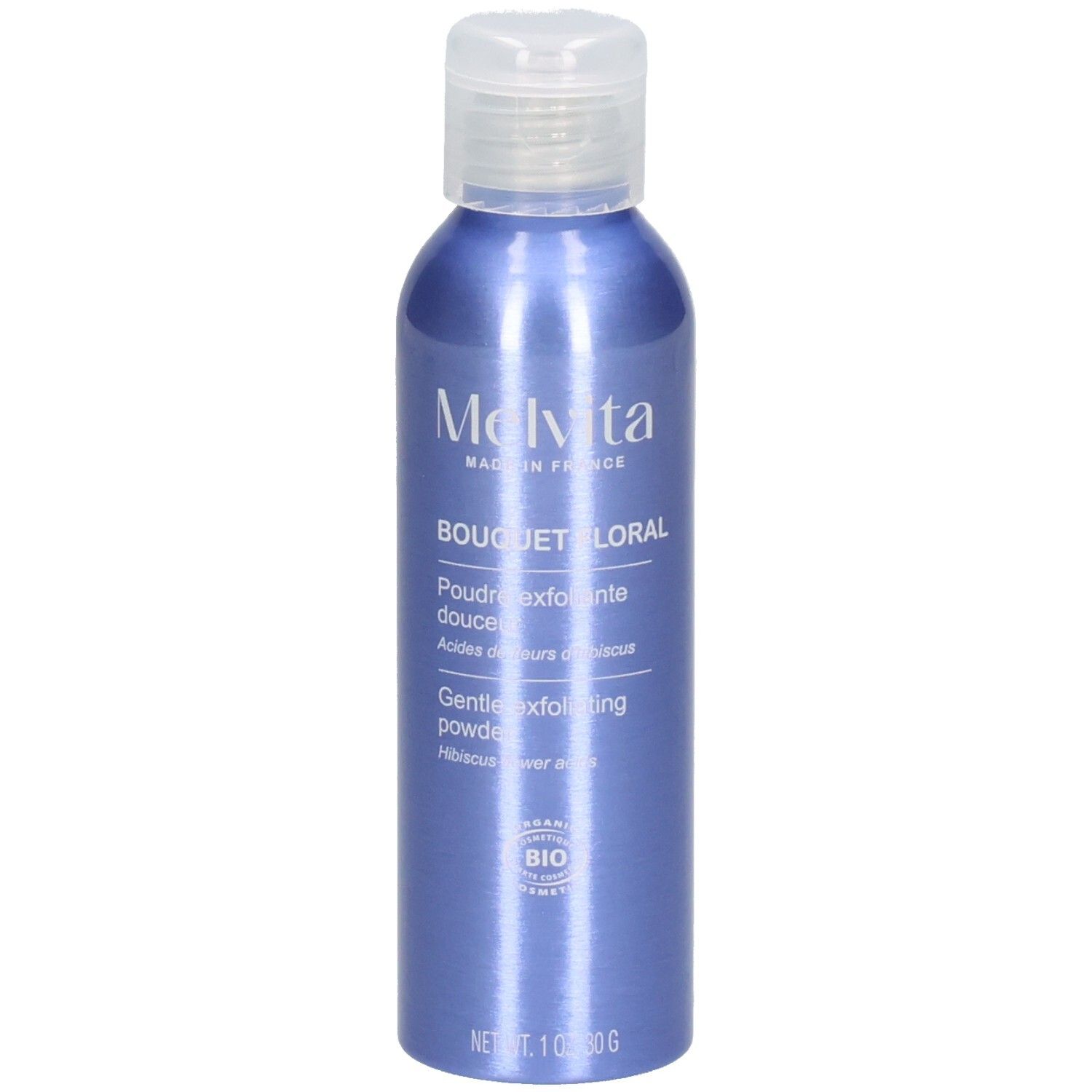 Blaue Flasche mit Melvita sanftem Peeling-Puder, 30g.