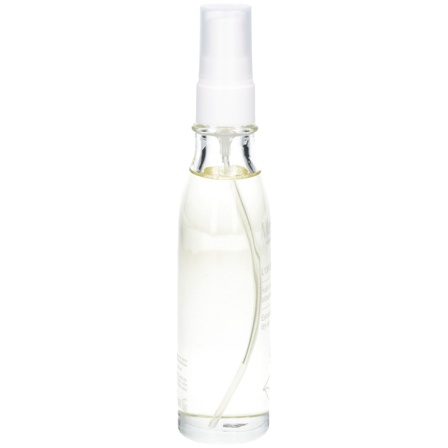 Schlanke Glasflasche mit Sprühkopf. Enthält goldfarbenes Öl. Aufschrift auf Etikett.