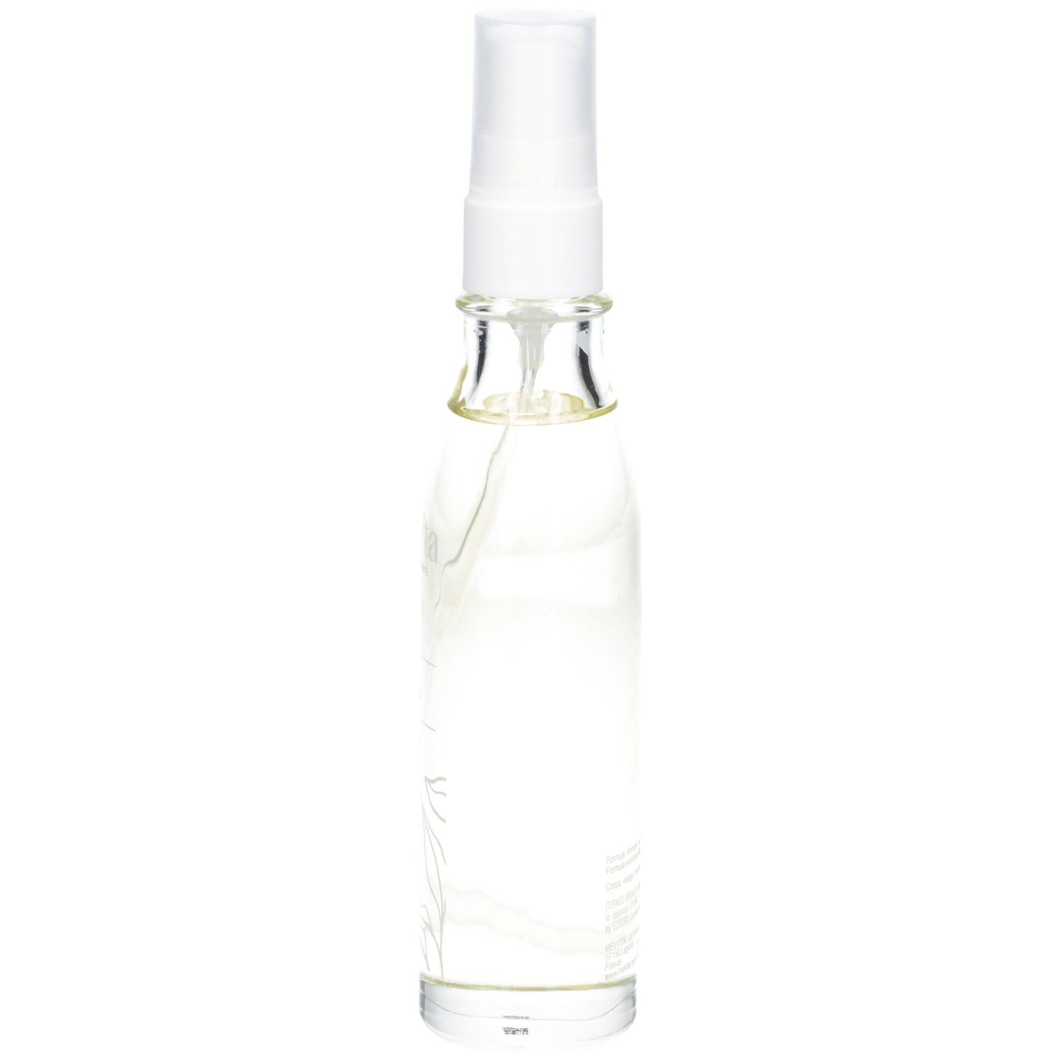 Glasflasche mit Sprühkopf. Enthält goldfarbenes Öl. Etikett mit Text.