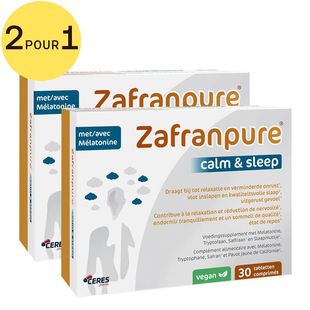 Deux boîtes de Zafranpure Calm & Sleep. Boîtes blanches avec accents bruns, texte et logo. Sceau végétalien et 30 comprimés. Textes français.