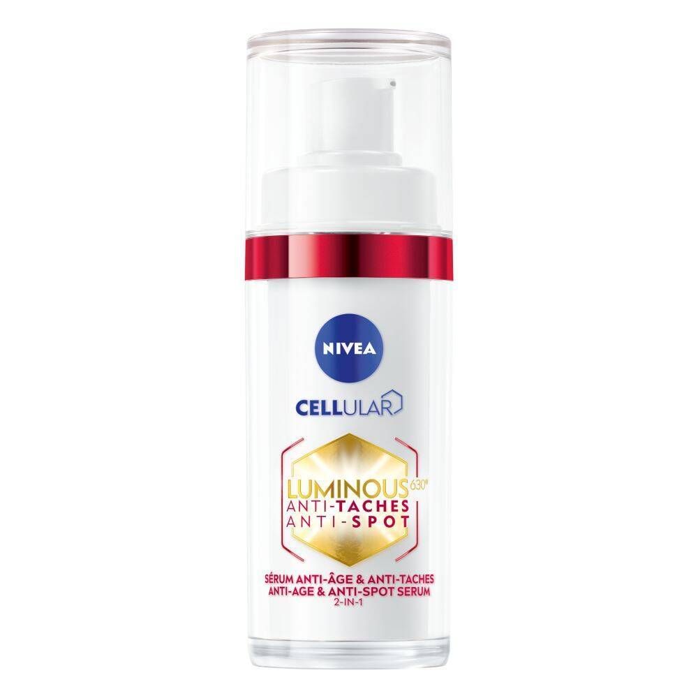Sérum avec emballage. Inscription : NIVEA CELLULAR, Luminous Anti-Taches Anti-Spot Serum 2-en-1.