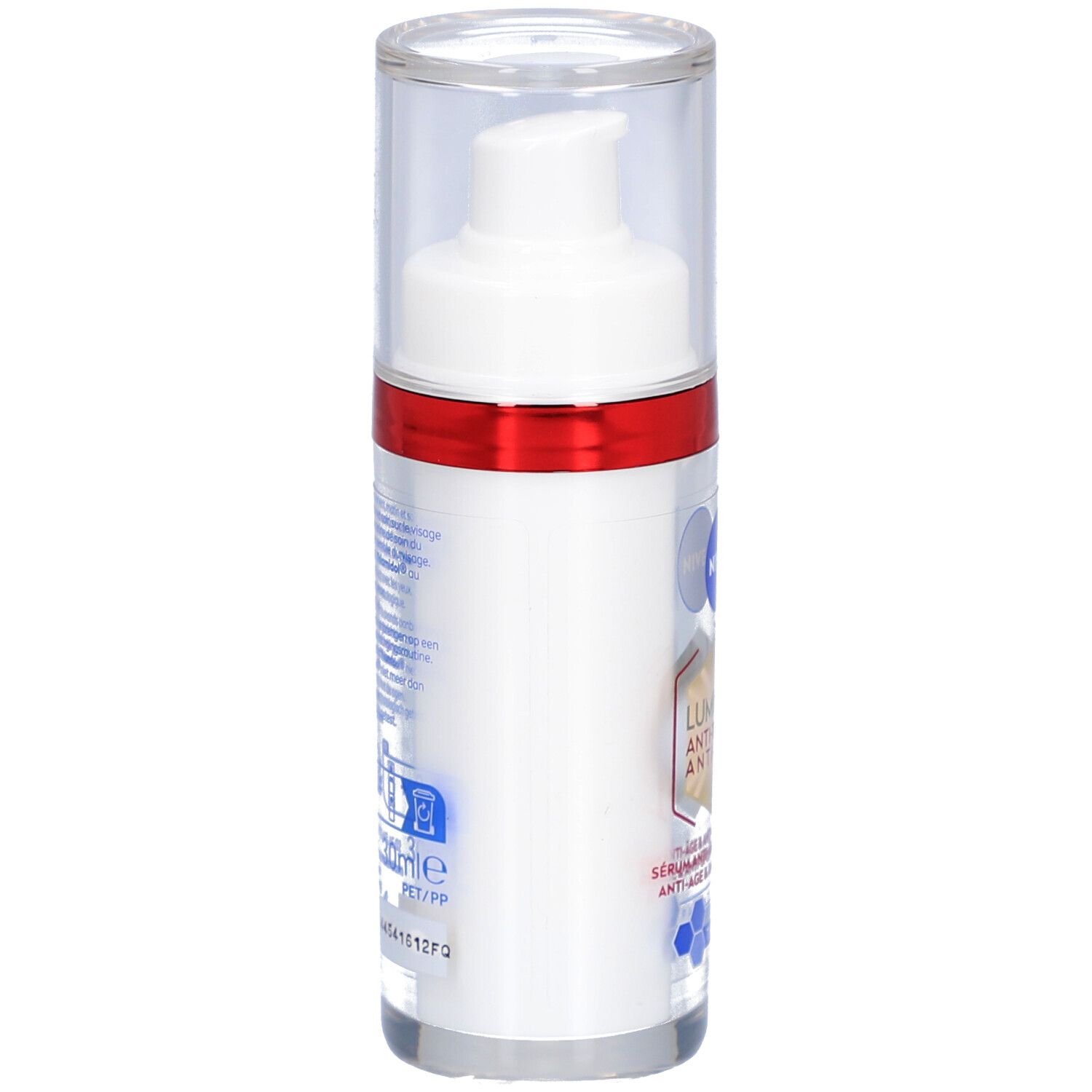 Weißes Serum mit rotem Ring und durchsichtigem Deckel. Aufschrift: NIVEA, Luminous Anti-Taches Anti-Spot Serum.