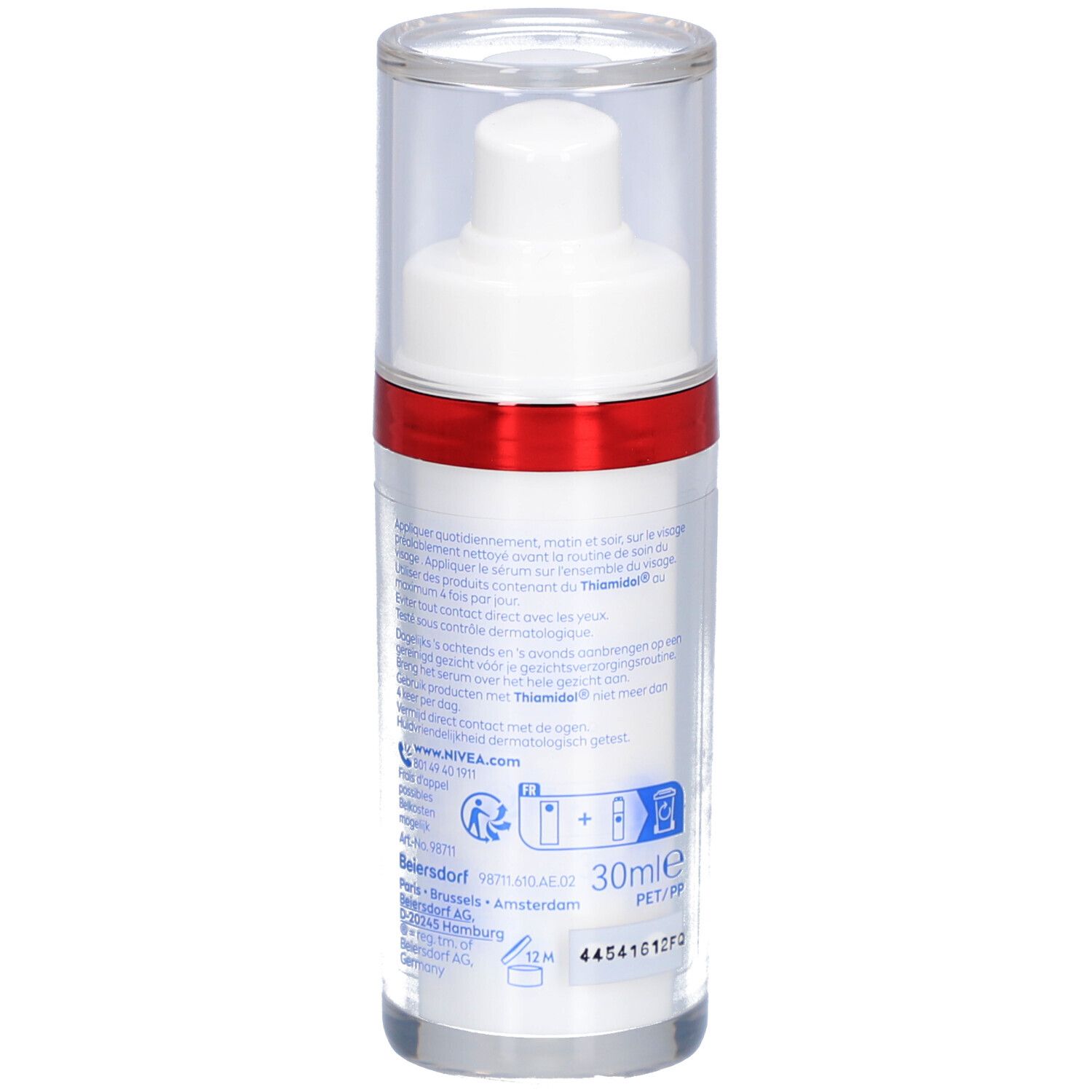 Weißes Serum mit rotem Ring und durchsichtigem Deckel. Aufschrift: NIVEA, Luminous Anti-Taches Anti-Spot Serum.