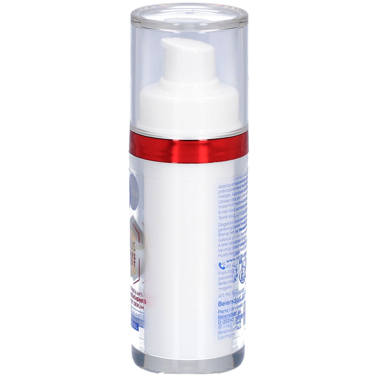Weißes Serum mit rotem Ring und durchsichtigem Deckel. Aufschrift: NIVEA, Luminous Anti-Taches Anti-Spot Serum.