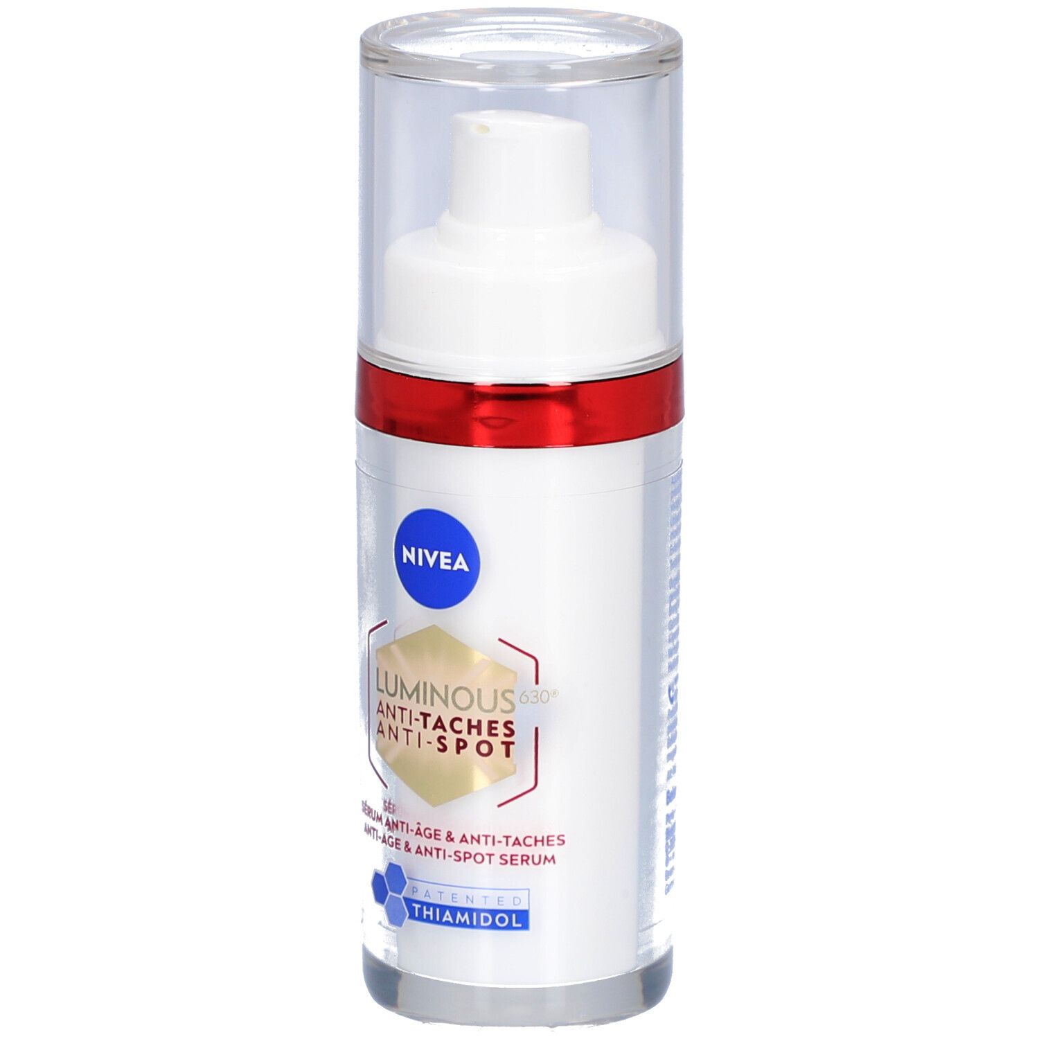 Weißes Serum mit rotem Ring und durchsichtigem Deckel. Aufschrift: NIVEA, Luminous Anti-Taches Anti-Spot Serum.