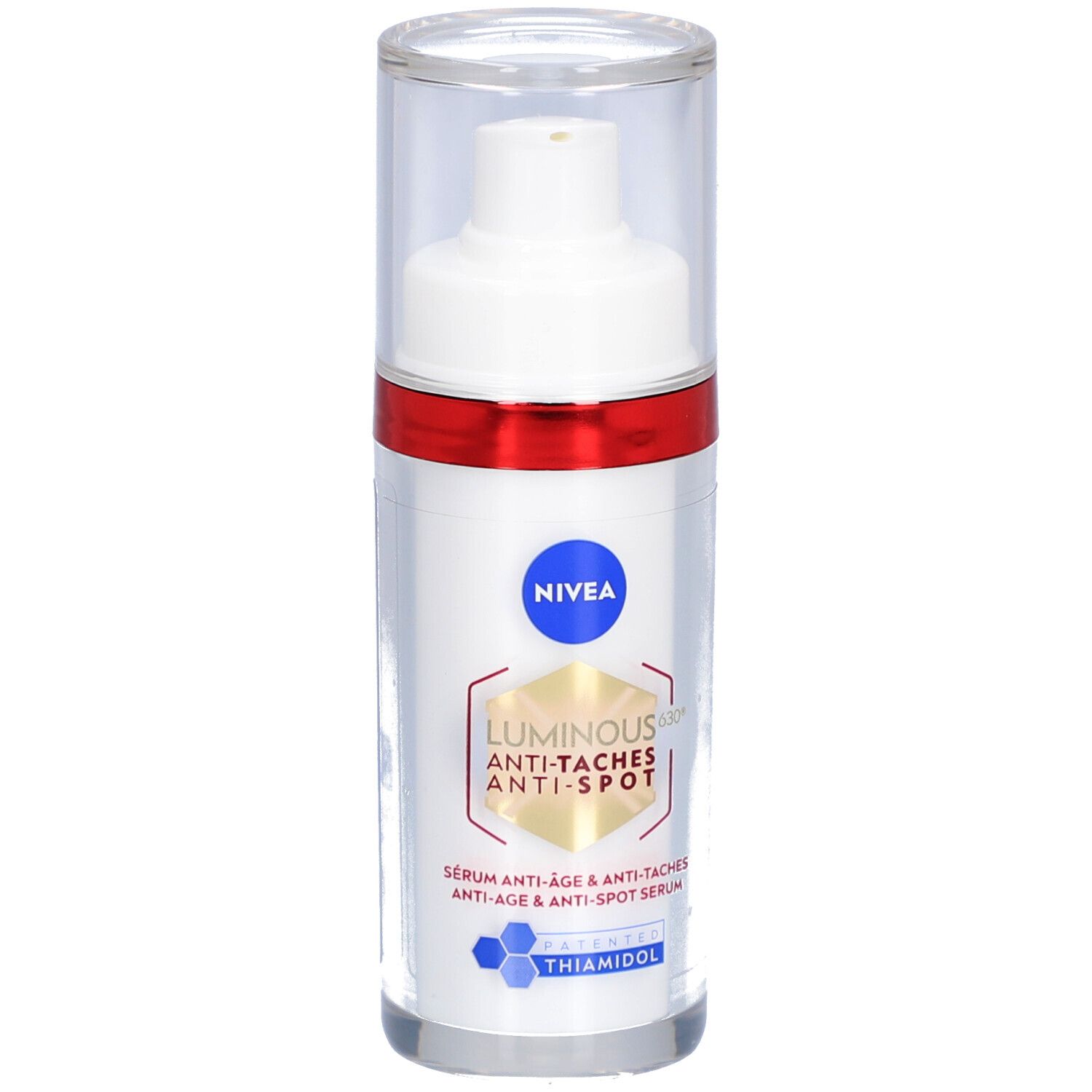 Weißes Serum mit rotem Ring und durchsichtigem Deckel. Aufschrift: NIVEA, Luminous Anti-Taches Anti-Spot Serum.