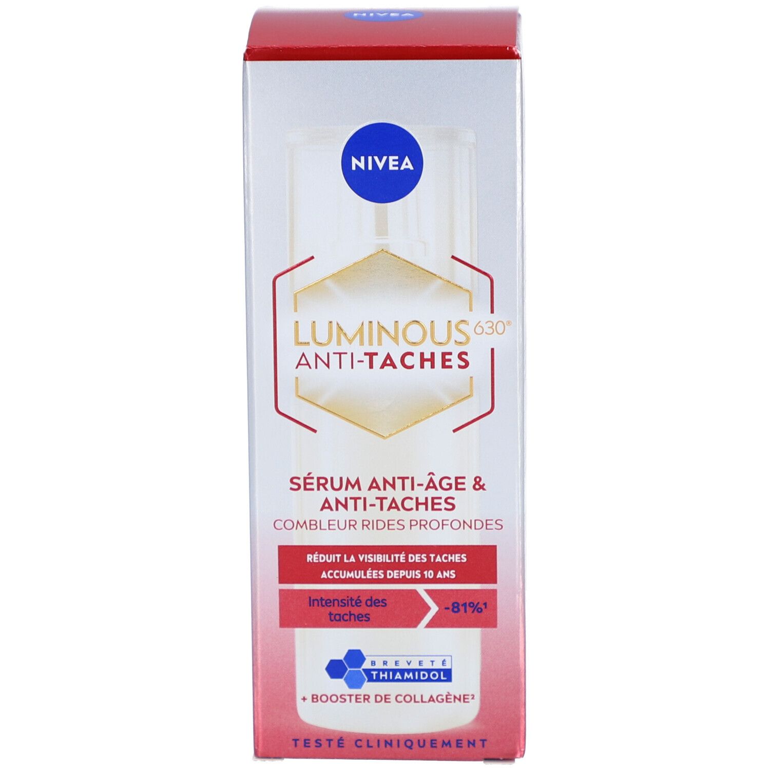 Verpackung. Aufschrift: NIVEA, Luminous Anti-Taches, Sérum Anti-Âge & Anti-Taches. Text und Logo.