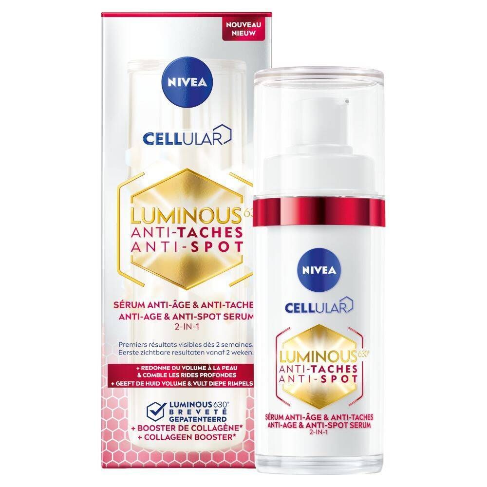Sérum et emballage. Inscription : NIVEA CELLULAR, Luminous Anti-Taches Anti-Spot Serum 2-en-1.