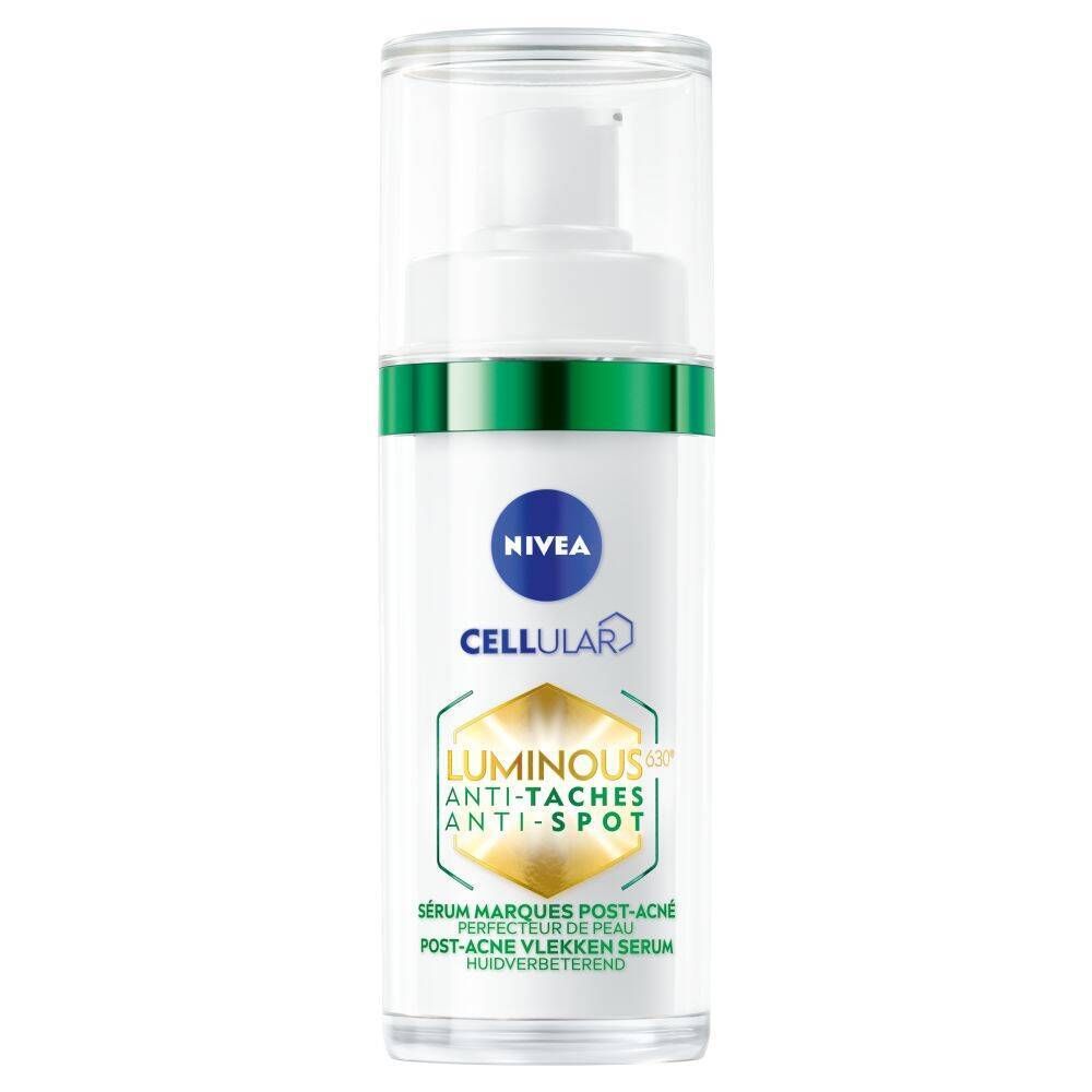 Flacon de sérum blanc avec anneau vert et bouchon transparent. Inscription : NIVEA CELLULAR LUMINOUS 630° ANTI-TACHES.