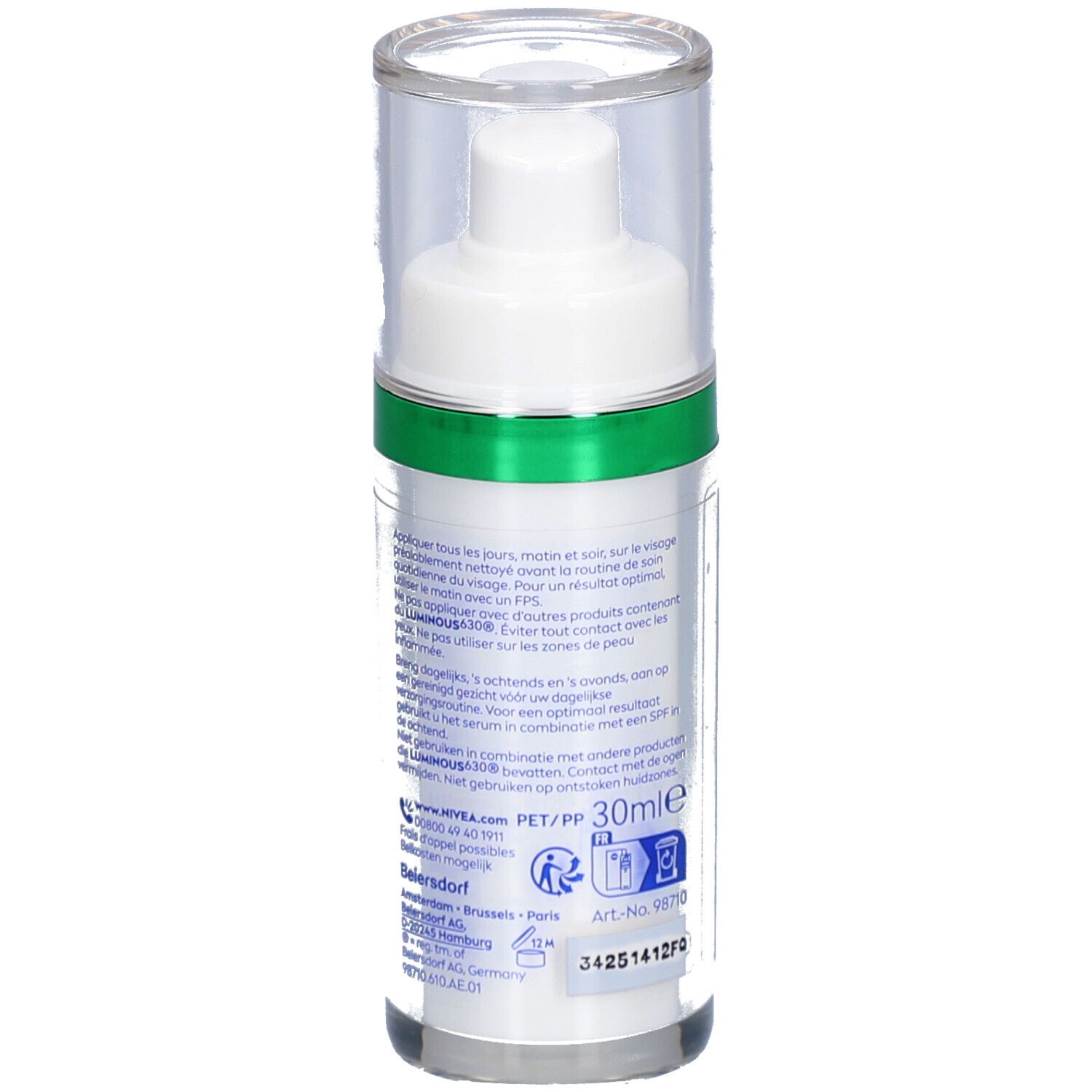 Dos du flacon de sérum blanc avec anneau vert et bouchon transparent. Texte et indication 30ml.