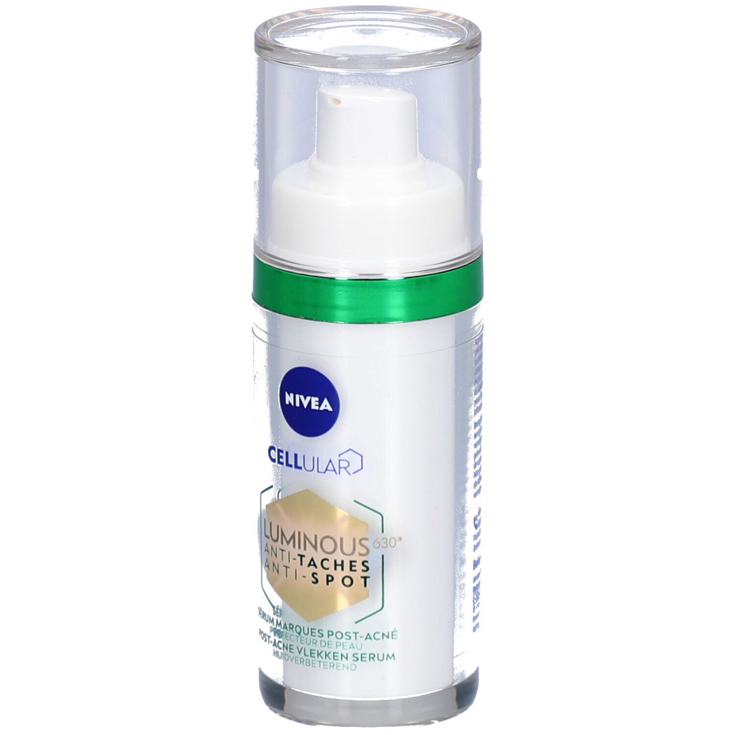 Flacon de sérum blanc avec anneau vert et bouchon transparent. Inscription : NIVEA CELLULAR LUMINOUS 630° ANTI-TACHES.