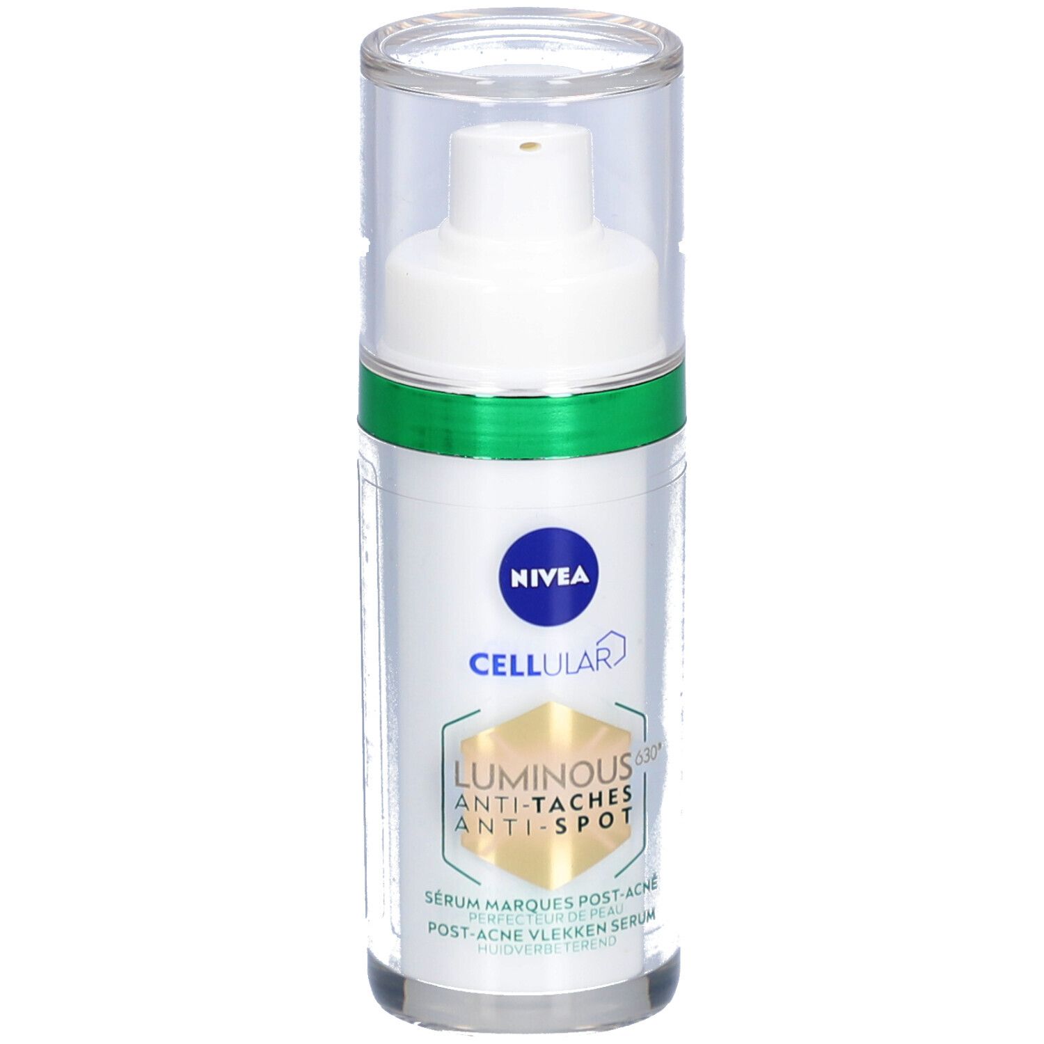 Flacon de sérum blanc avec anneau vert et bouchon transparent. Inscription : NIVEA CELLULAR LUMINOUS 630° ANTI-TACHES.
