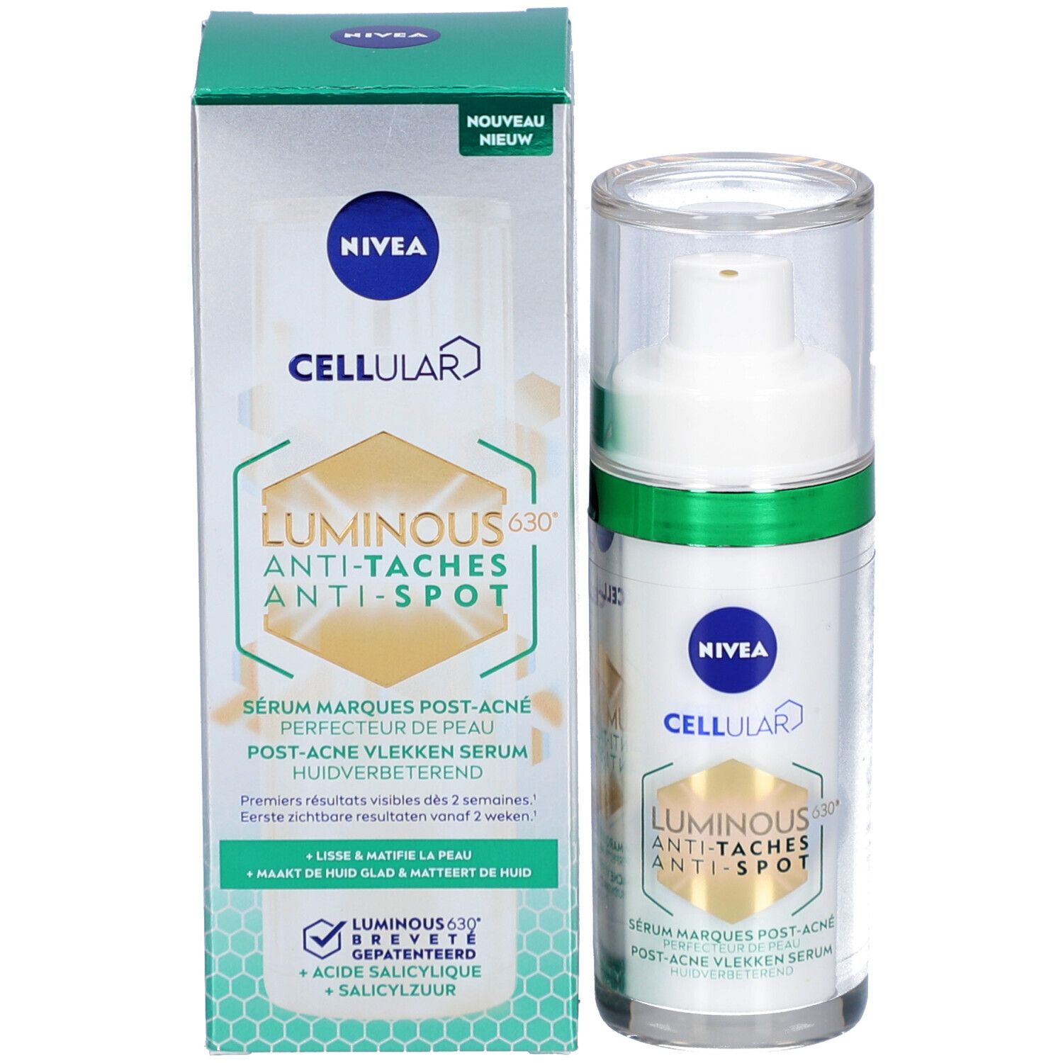 Emballage du produit avec flacon de sérum. Inscription : NIVEA CELLULAR LUMINOUS 630° ANTI-TACHES. Avec boîte.