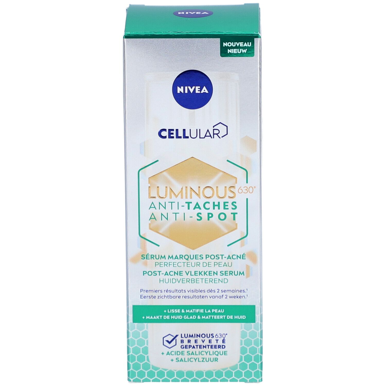 Emballage du produit avec flacon de sérum. Inscription : NIVEA CELLULAR LUMINOUS 630° ANTI-TACHES. Avec boîte.