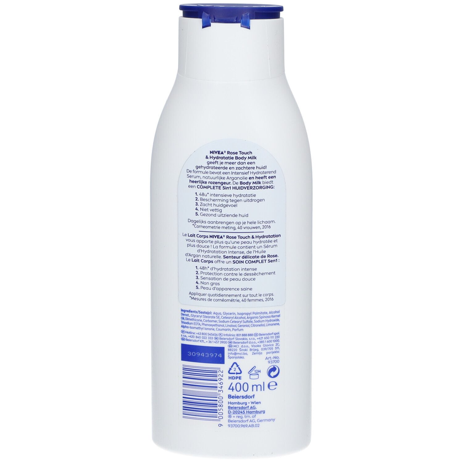 Dos du flacon de lotion pour le corps Nivea. Informations sur le produit, ingrédients et code-barres.