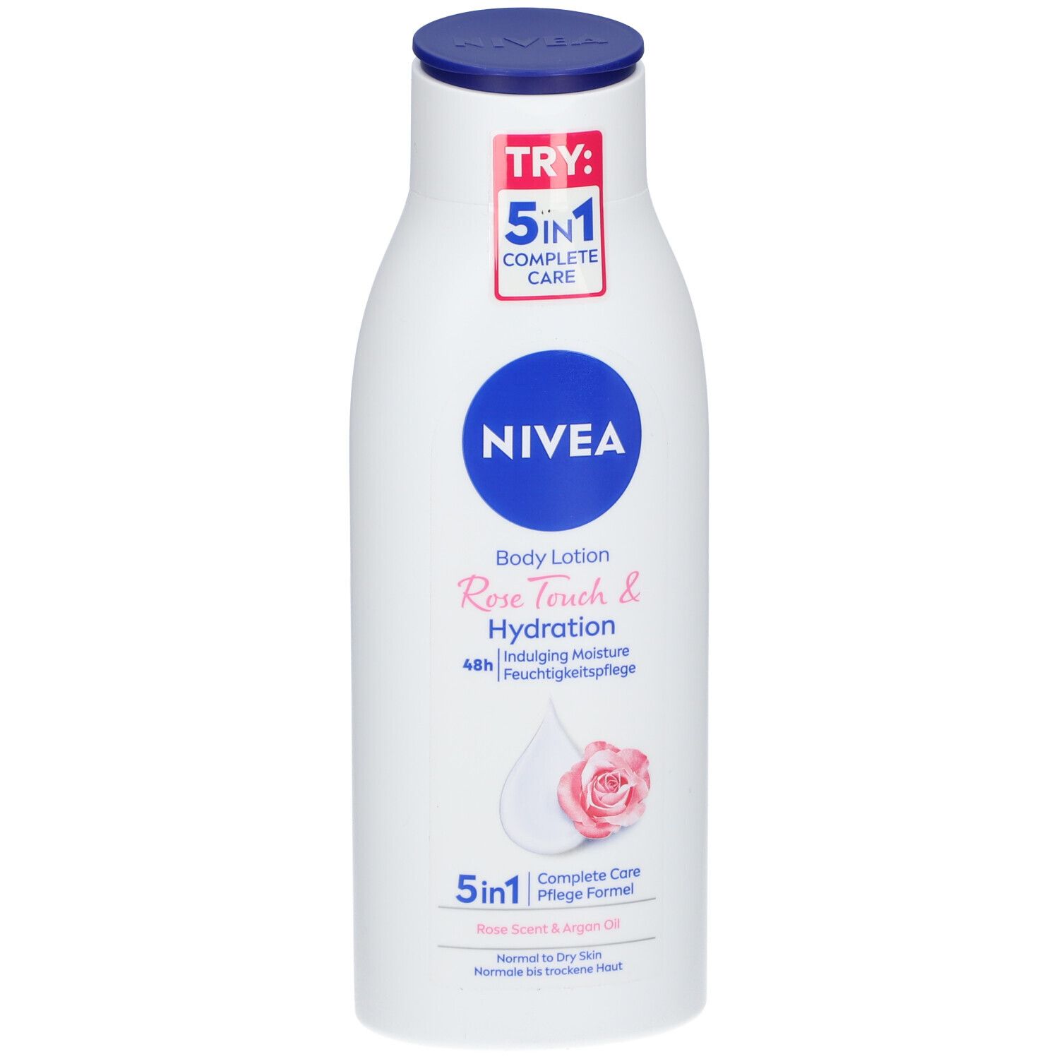 Flacon blanc de lotion pour le corps Nivea. Bouchon bleu, logo et texte. Rose Touch & Hydration, 5 en 1 Complete Care.