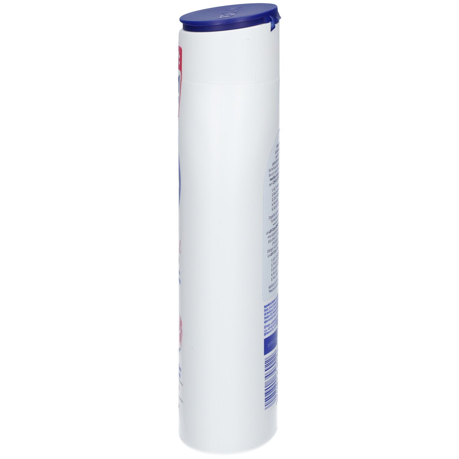 Flacon blanc de lotion pour le corps Nivea. Bouchon bleu. Inscriptions et logos sur le côté.