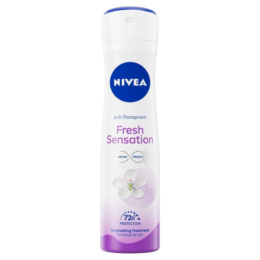 Wit-paarse NIVEA® Fresh Sensation anti-transpirantspray. Blauwe dop, witte sproeikop. Opschrift: Anti-transpirant, Fresh Sensation, 72h Protection.