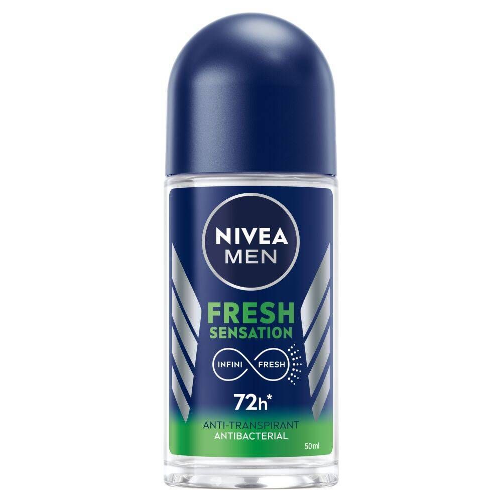 Roll-on avec bouchon bleu. Inscriptions : NIVEA MEN, FRESH SENSATION, 72h, Anti-transpirant, Antibactérien.