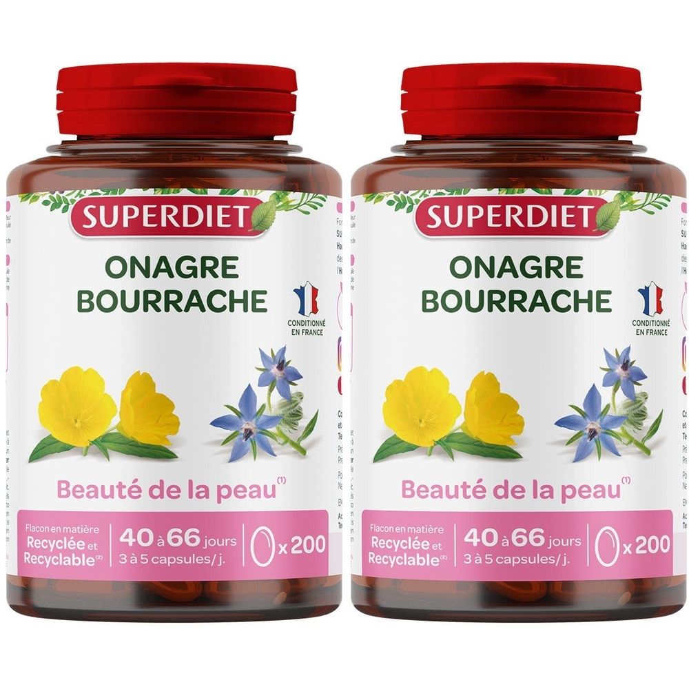 Twee flessen SUPER DIET Onagre Bourrache. Rode doppen, bruine flessen, etiketten met productnaam en bloemenillustraties.