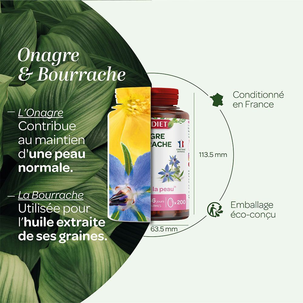 Fles SUPER DIET Onagre Bourrache met bloemenillustraties. Afmetingen: 113,5 mm hoog, 63,5 mm breed. Eco-design verpakking.