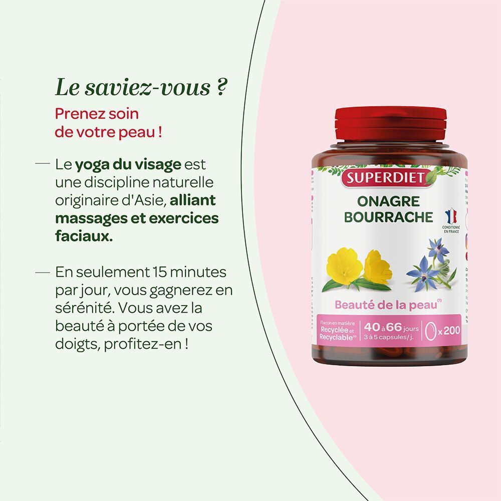 Fles SUPER DIET Onagre Bourrache naast tekst. Rode dop, bruine fles, etiket met productnaam en bloemenillustraties.