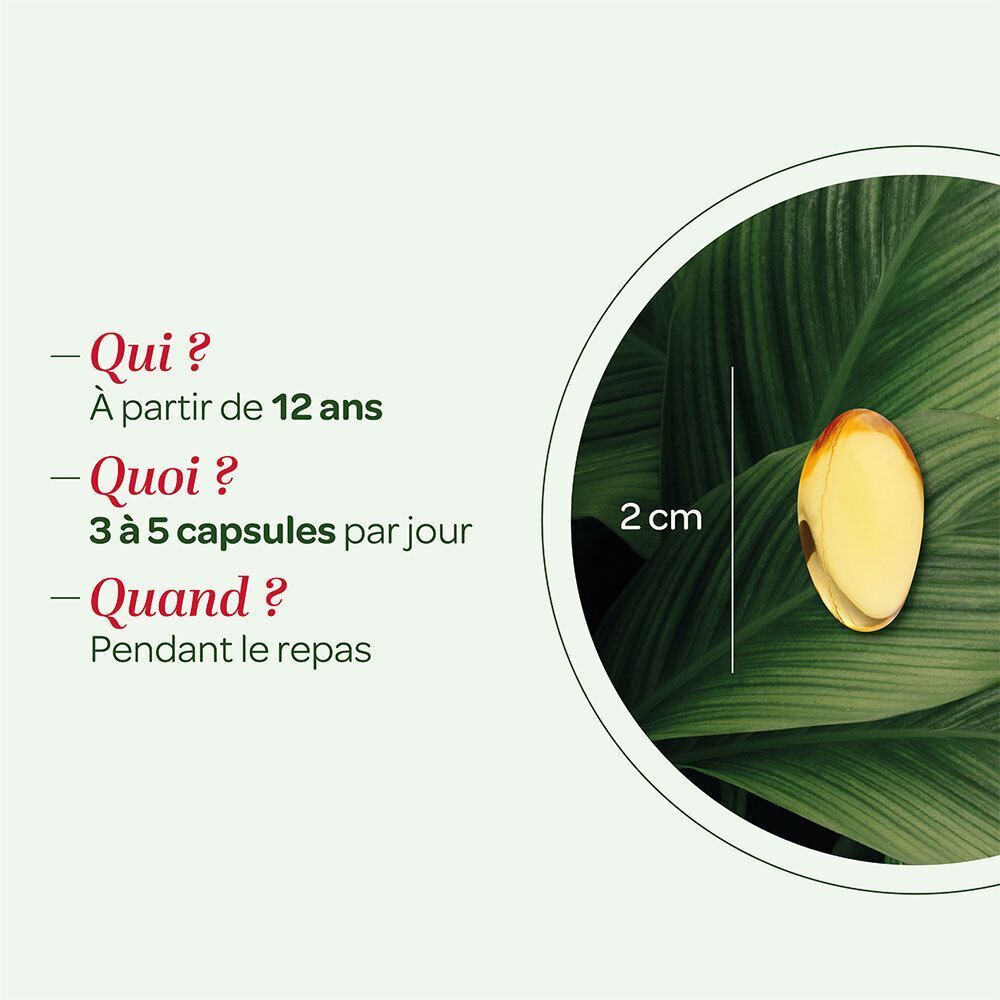 Capsule op blad. Diameter 2 cm. Tekst: 3 tot 5 capsules per dag.