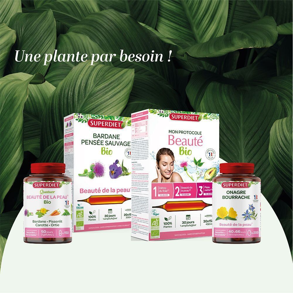 Drie producten: SUPER DIET Onagre Bourrache, Bardane Pensée Sauvage Bio en Mon Protocole Beauté Bio. Verpakkingen en flessen.