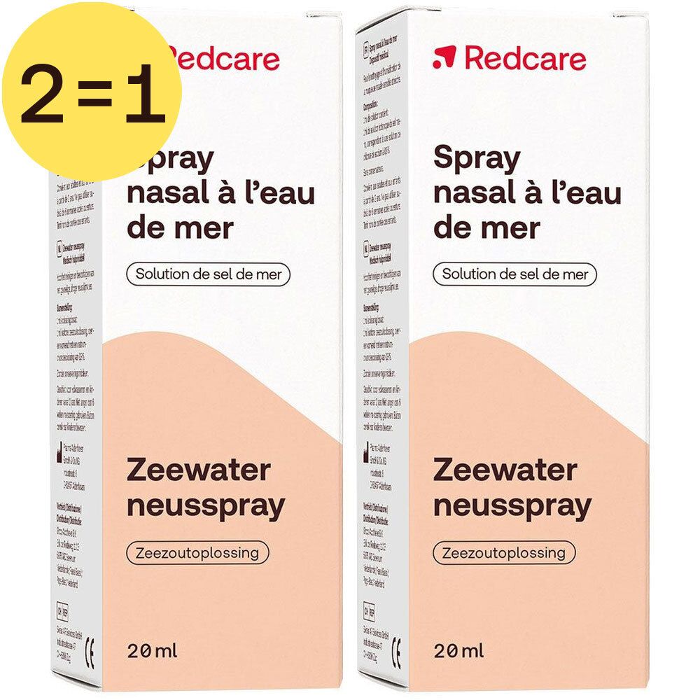 Deux boîtes de Redcare Spray Nasal 2 pour 1. Inscription : Spray nasal à l'eau de mer, Zeewater neusspray, 20 ml.