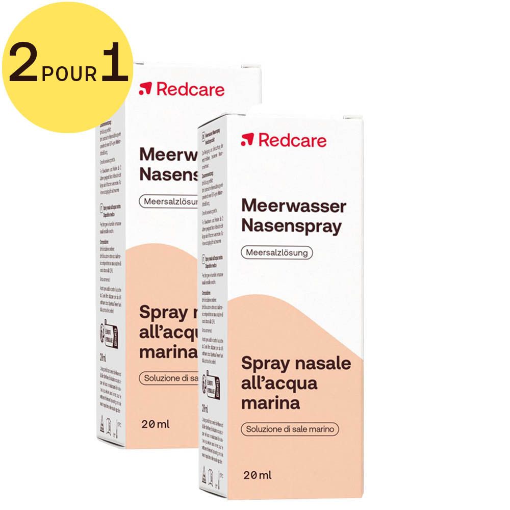 Deux boîtes de Redcare Meerwasser Nasenspray. Inscription : Spray nasal all'acqua marina, 20 ml. 2 pour 1.