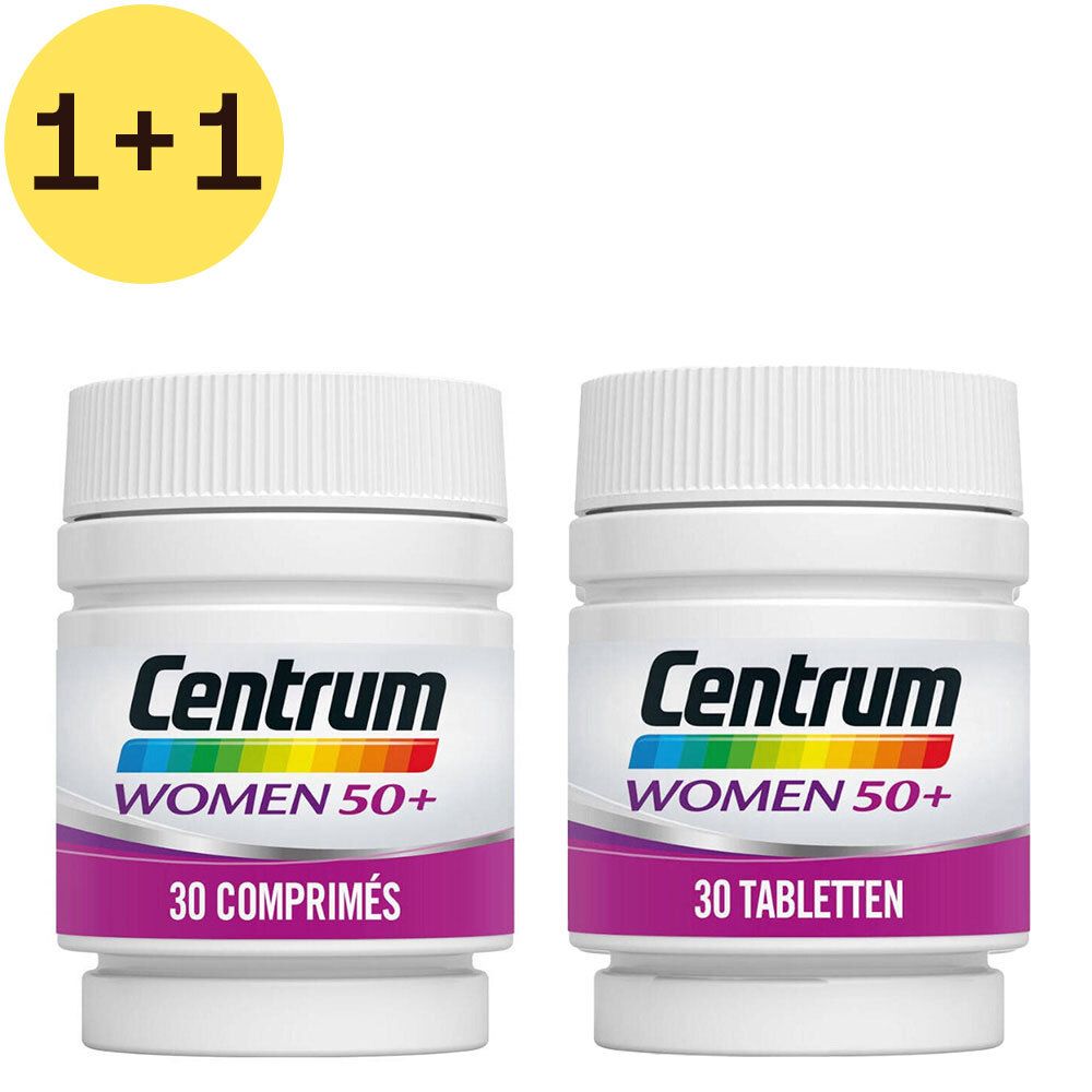 Deux flacons blancs Centrum Women 50+ avec 30 comprimés. Inscription : Centrum, WOMEN 50+, 30 COMPRIMÉS. Cercle jaune avec "1+1".