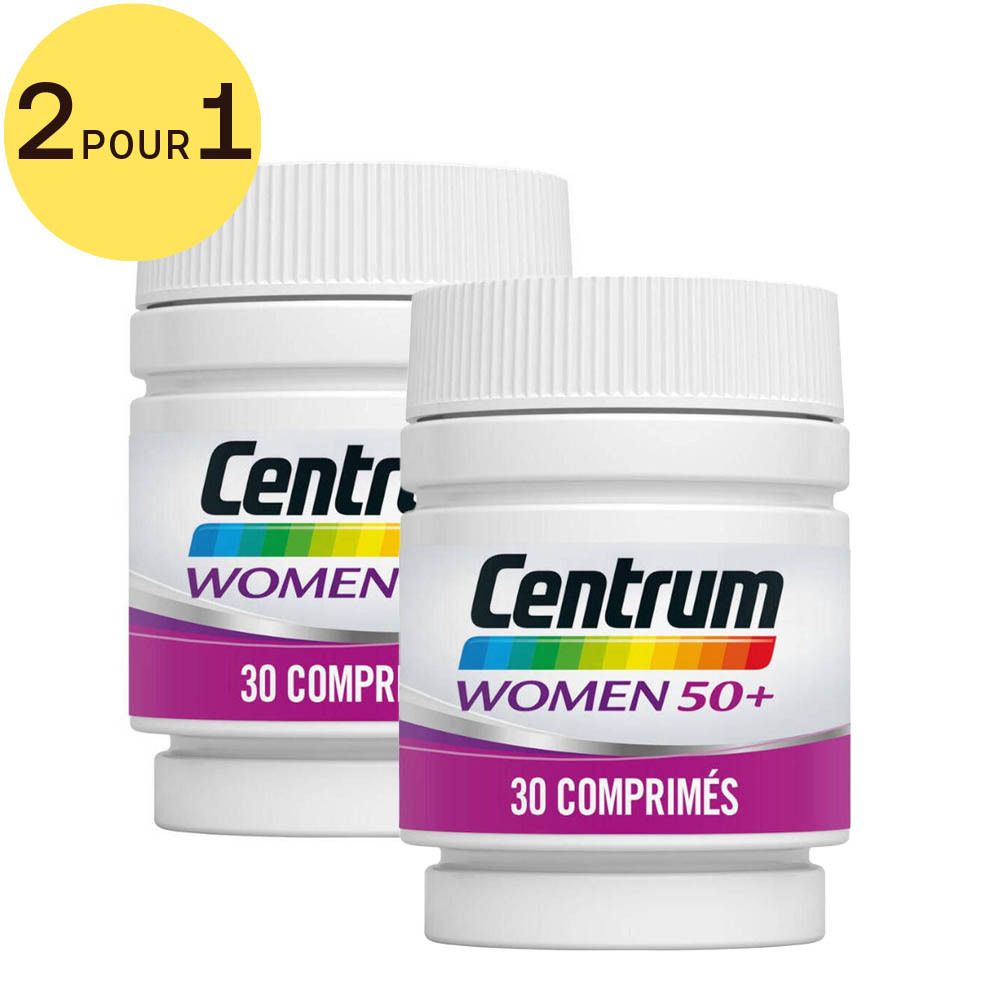 Deux flacons blancs Centrum Women 50+ avec 30 comprimés. Inscription : Centrum, WOMEN, 30 COMPRIMÉS. Cercle jaune avec "2 pour 1".