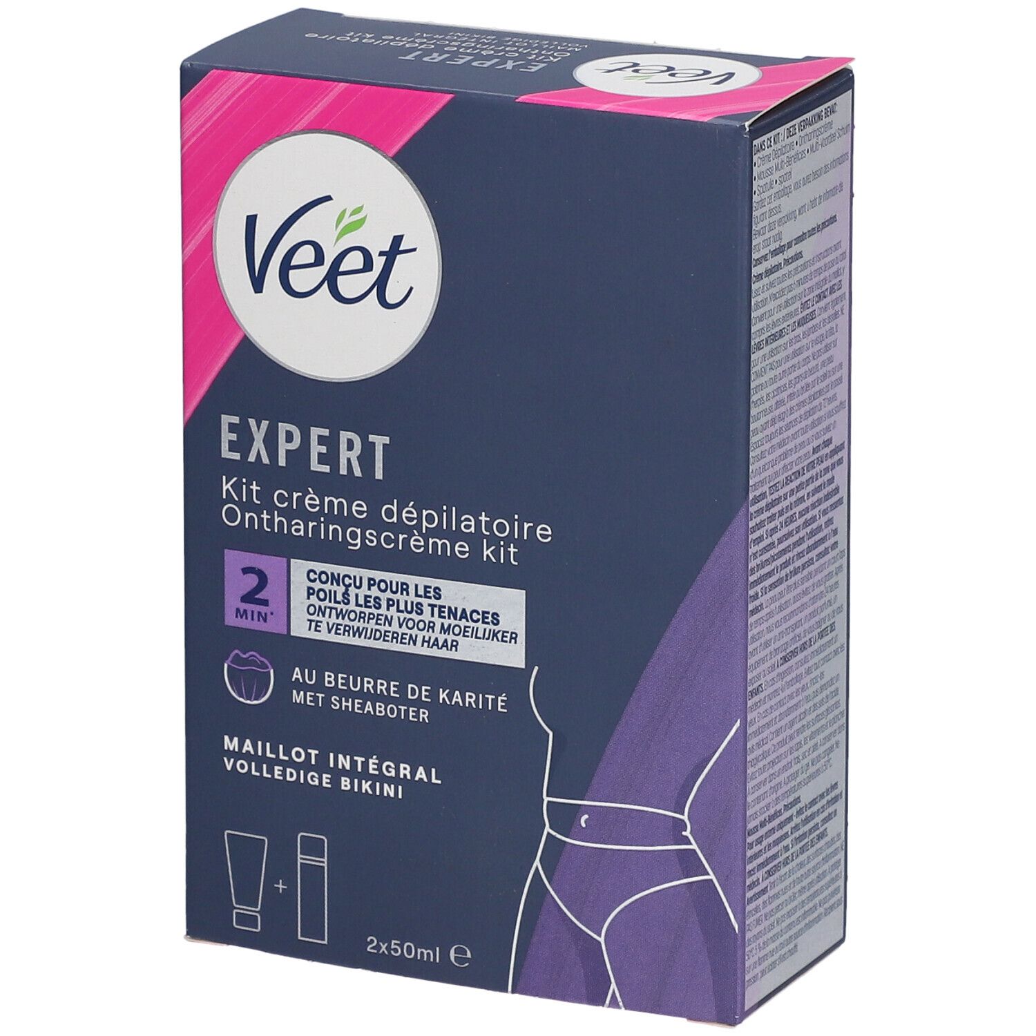 Kit Veet Expert. Boîte avec image du produit et texte. Contient crème et accessoires. Pour le maillot intégral.