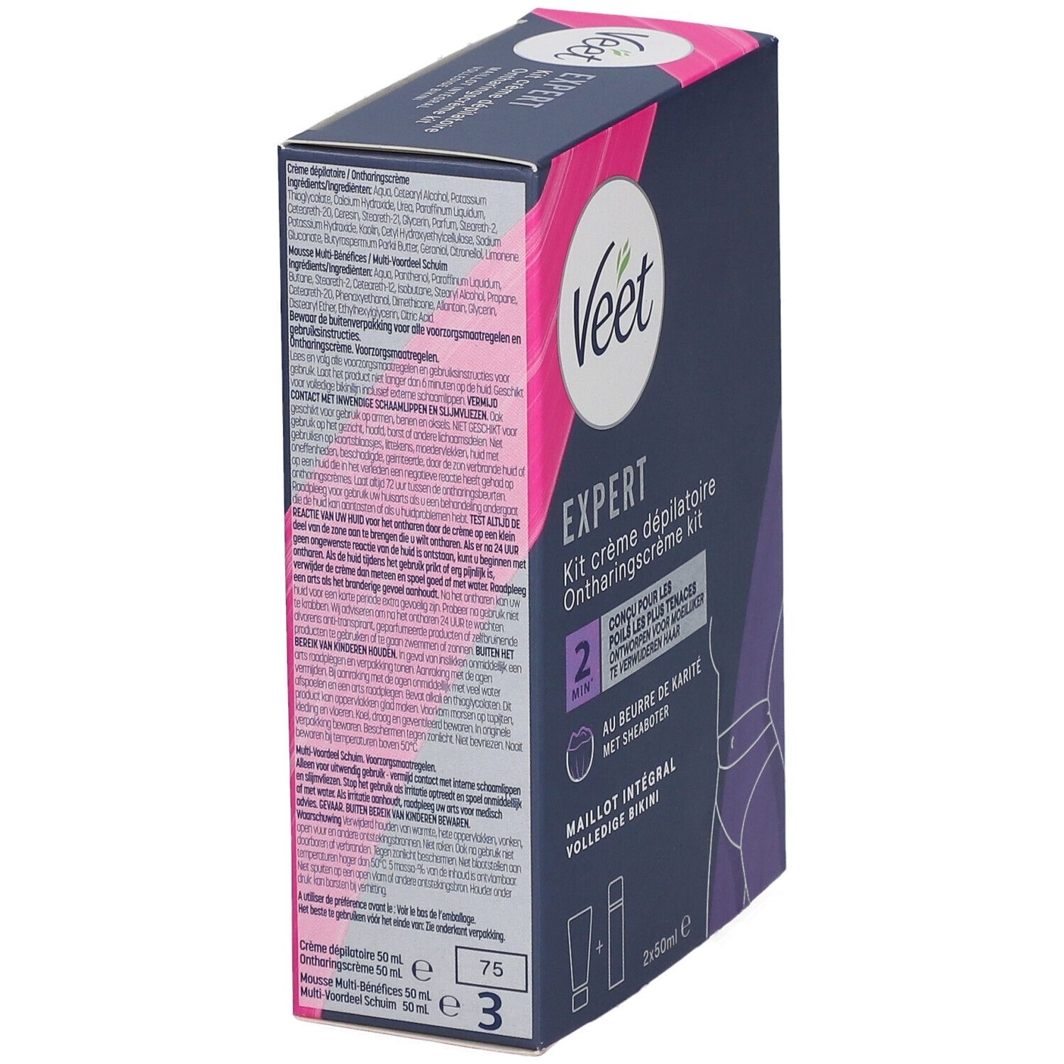 Kit Veet Expert. Boîte avec texte et informations. Dos avec informations produit et instructions d'utilisation.